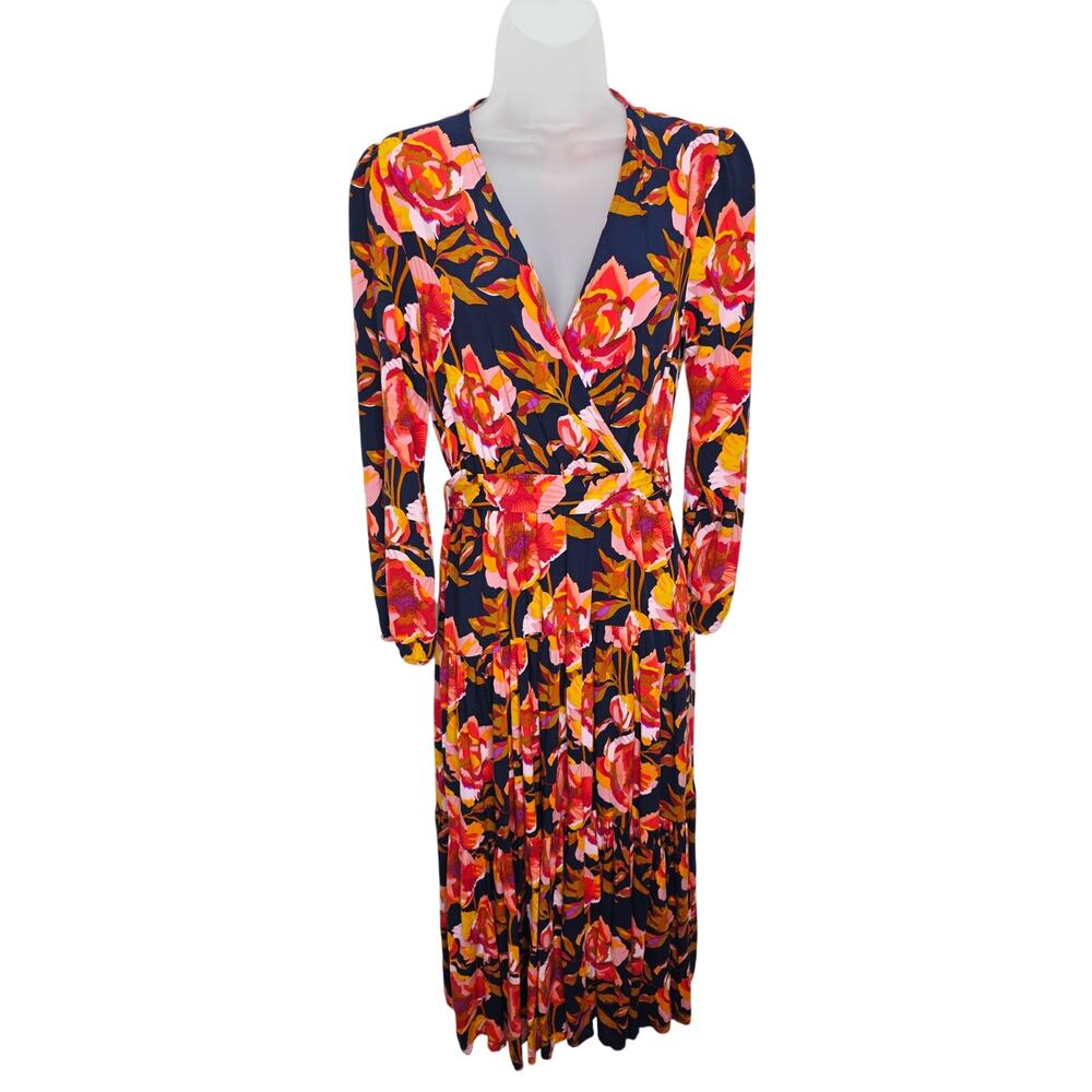Petal & Pup Floral Midi Dress Womens Medium Belted Long Sleeve V Neck Boho Navy
